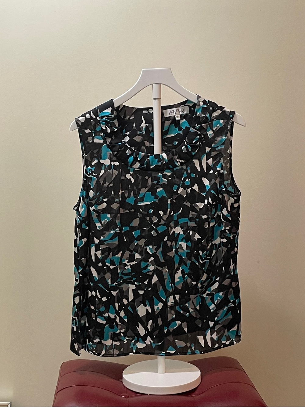 Kasper Sleeveless Printed Shell Top - Black, Teal & White
